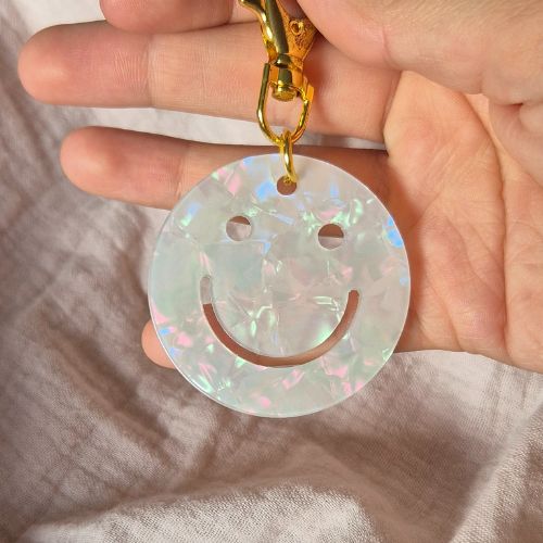 Schlüsselanhänger Smiley, lächelndes Gesicht, Anhänger, Weiß Gold