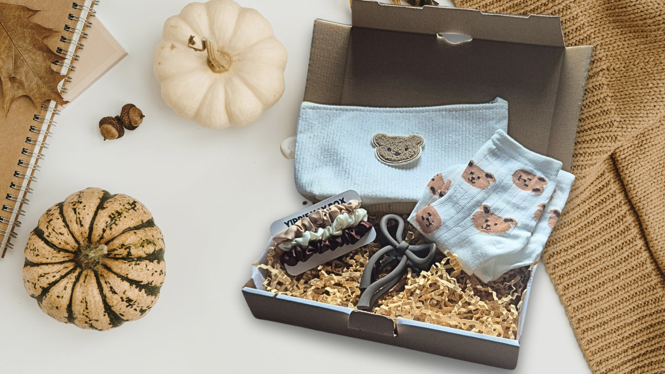 Geschenkbox Herbst, Boo Basket, Teddy Geschenkbox, Haarklammer Schleife, Geschenkidee Beige Braun